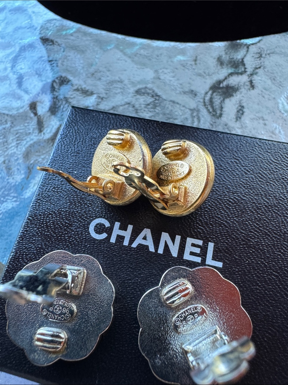 CHANEL Bundle Clip Ons Gold/ Silver-Tone Crystal Button Earrings - Gold, White - Picture 2 of 3
